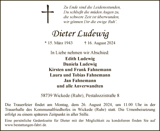 Todesanzeige von Dieter Ludewig von WA