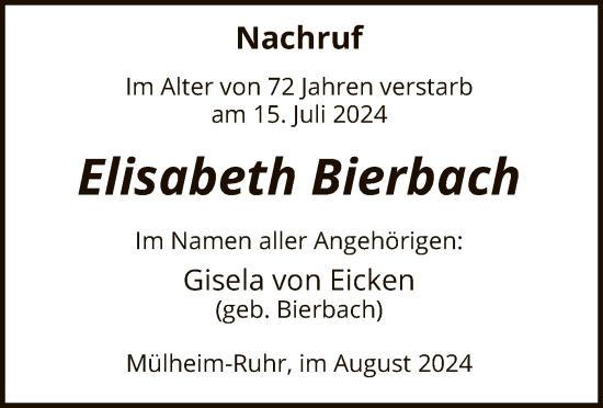 Todesanzeige von Elisabeth Bierbach von WA