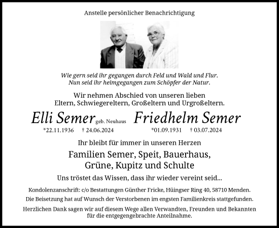 Todesanzeige von Elli und Friedhelm Semer von WA
