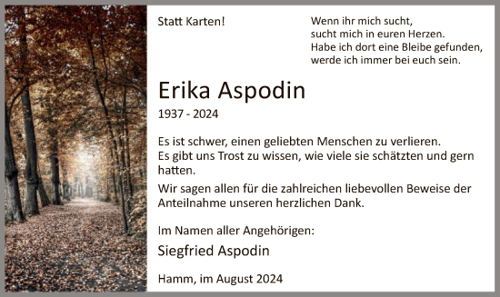 Todesanzeige von Erika Aspodin von WA