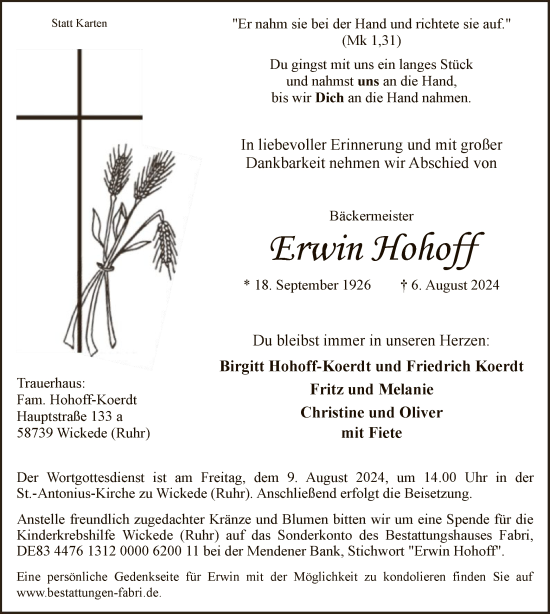 Todesanzeige von Erwin Hohoff von WA