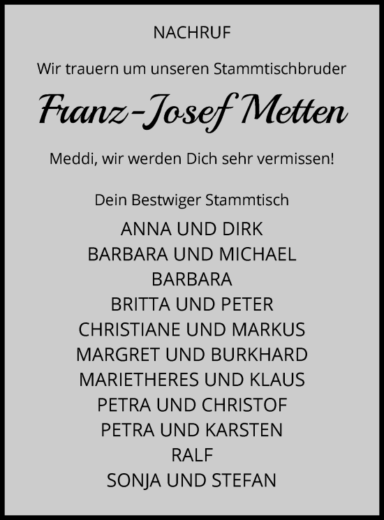 Todesanzeige von Franz-Josef Metten von WA