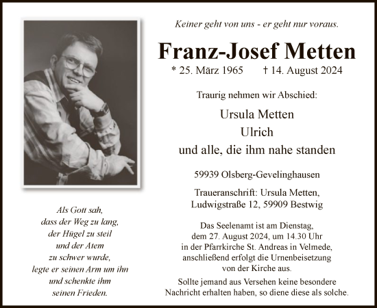 Todesanzeige von Franz-Josef Metten von WA