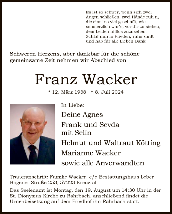 Todesanzeige von Franz Wacker von WA