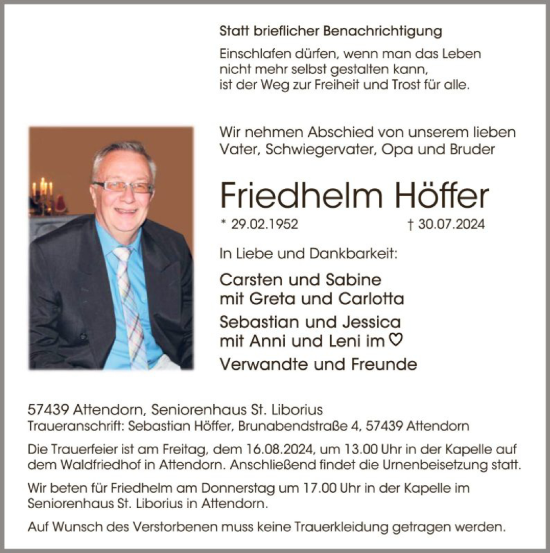 Todesanzeige von Friedhelm Höffer von WA