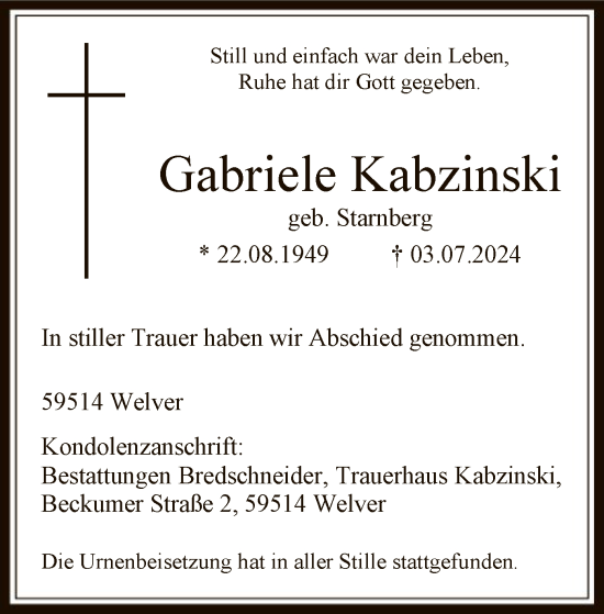 Todesanzeige von Gabriele Kabzinski von WA