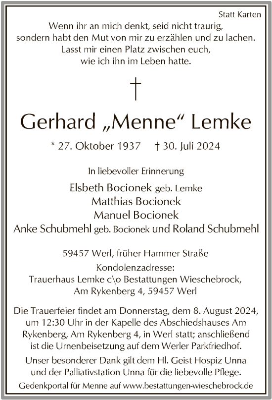 Todesanzeige von Gerhard Lemke von WA
