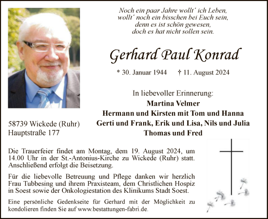 Todesanzeige von Gerhard Paul Konrad von WA