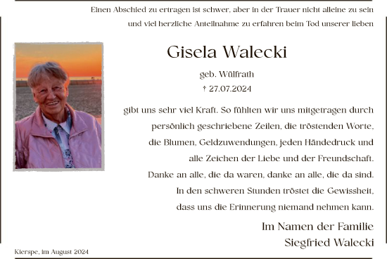 Todesanzeige von Gisela Walecki von WA