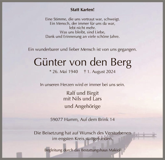 Todesanzeige von Günter von den Berg von WA