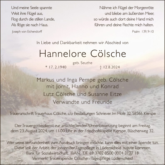 Todesanzeige von Hannelore Cölsche von WA