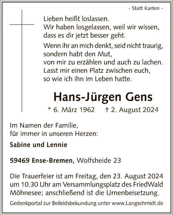 Todesanzeige von Hans-Jürgen Gens von WA