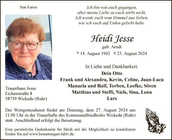 Todesanzeige von Heidi Jesse von WA
