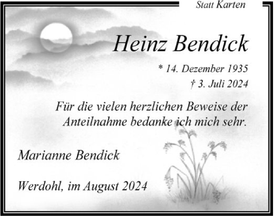 Todesanzeige von Heinz Bendick von WA