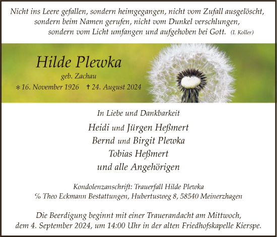 Todesanzeige von Hilde Plewka von WA
