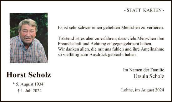Todesanzeige von Horst Scholz von WA