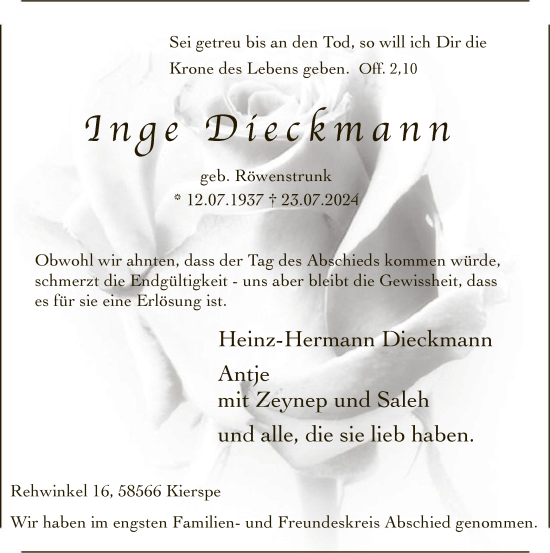 Todesanzeige von Inge Dieckmann von WA
