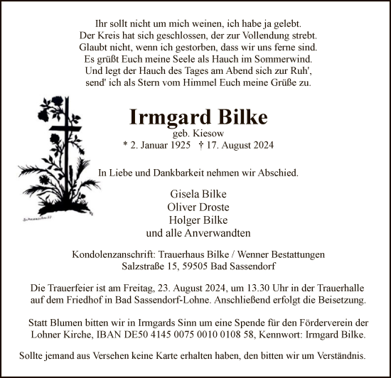 Todesanzeige von Irmgard Bilke von WA