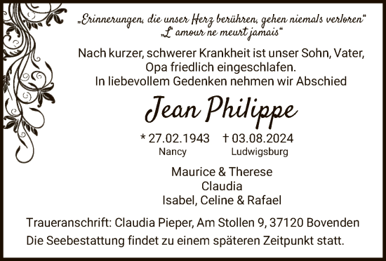 Todesanzeige von Jean Philippe von WA