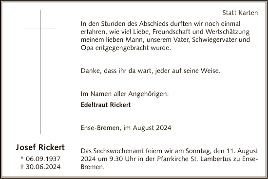Todesanzeige von Josef Rickert von WA