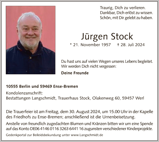 Todesanzeige von Jürgen Stock von WA