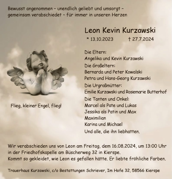 Todesanzeige von Leon Kevin Kurzawski von WA