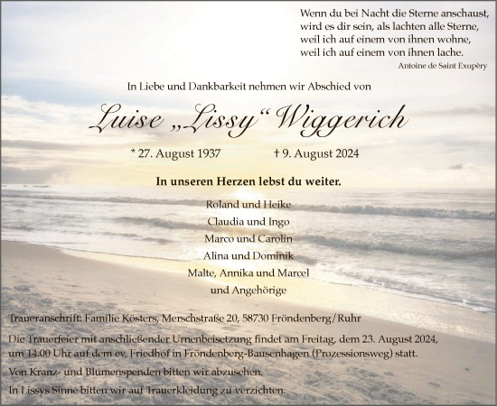 Todesanzeige von Luise Wiggerich von WA