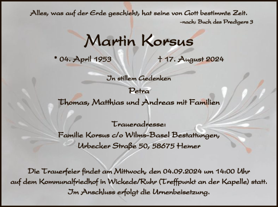 Todesanzeige von Maartin Korsus von WA