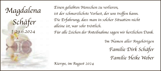 Todesanzeige von Magdalena Schäfer von WA