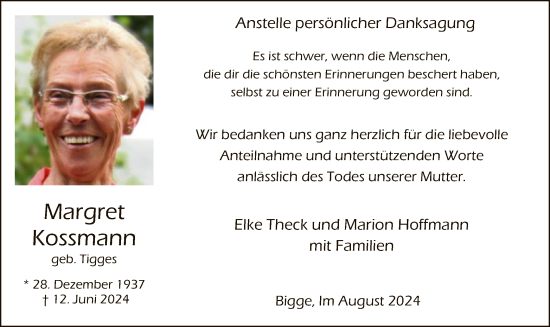 Todesanzeige von Margret Kossmann von WA