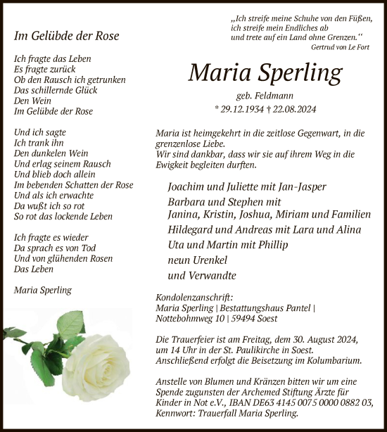 Todesanzeige von Maria Sperling von WA