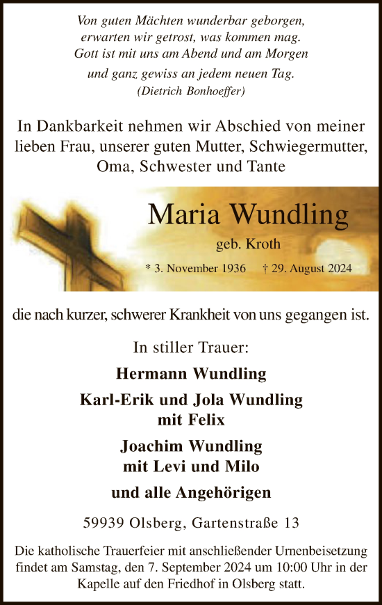Todesanzeige von Maria Wundling von WA
