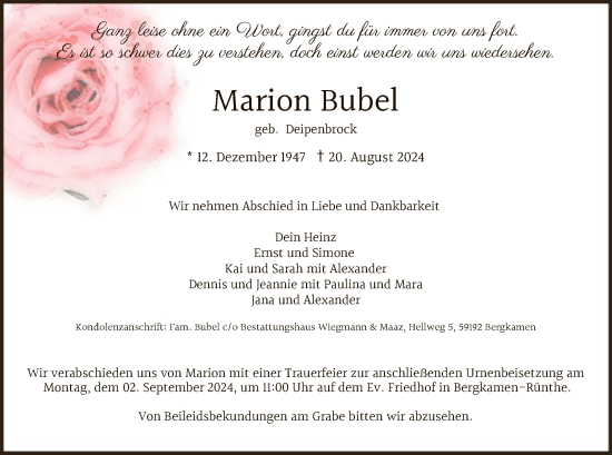 Todesanzeige von Marion Bubel von WA