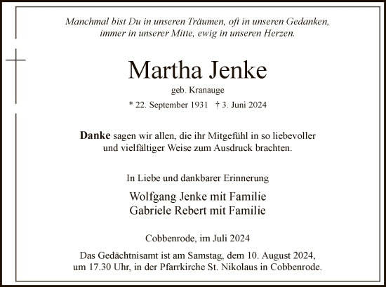 Todesanzeige von Martha Jenke von WA