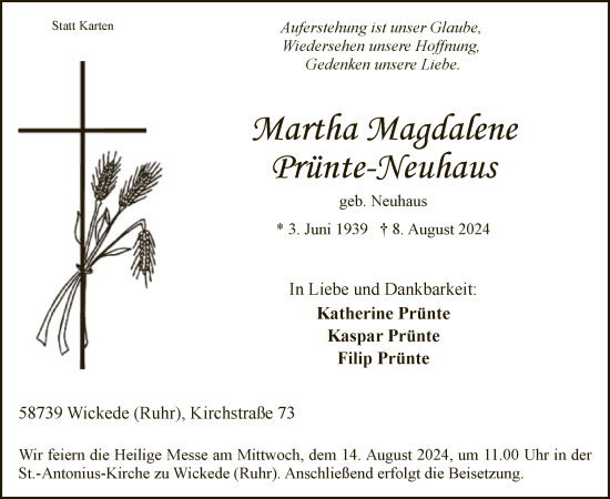 Todesanzeige von Martha Magdalene Prünte.Neuhaus von WA