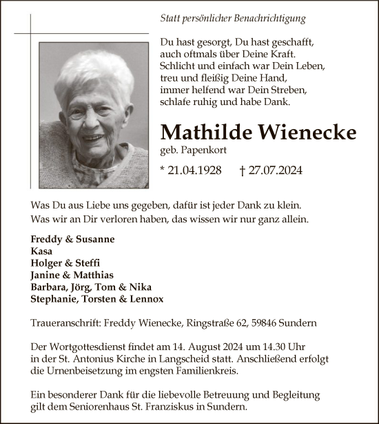 Todesanzeige von Mathilde Wienecke von WA