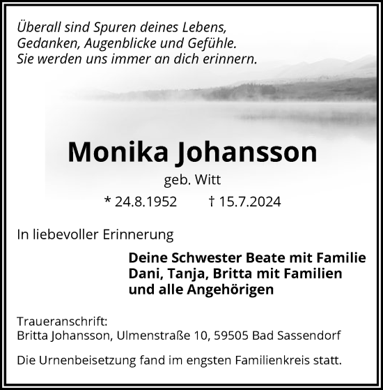 Todesanzeige von Monika Johansson von WA