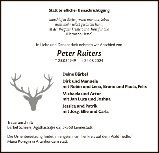 Todesanzeige von Peter Ruiters von WA