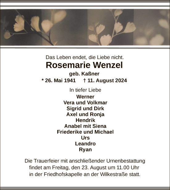 Todesanzeige von Rosemarie Wenzel von WA