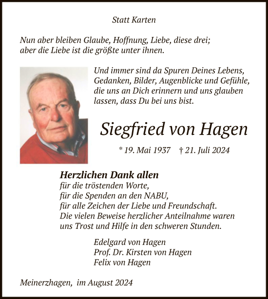 Todesanzeige von Siegfried von Hagen von WA