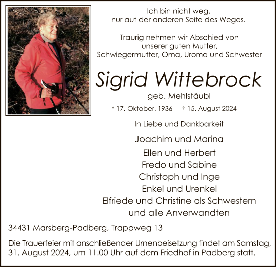 Todesanzeige von Sigrid Wittebrock von WA