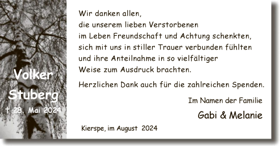 Todesanzeige von Volker Stuberg von WA