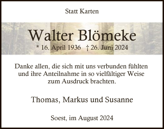 Todesanzeige von Walter Blömeke von WA