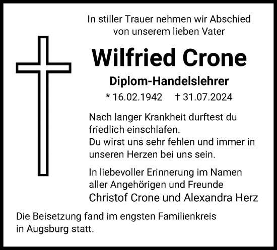Todesanzeige von Wilfried Crone von WA