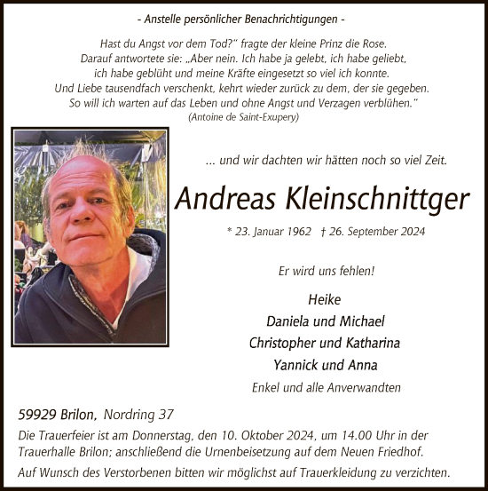Todesanzeige von Andreas Kleinschnittger von WA