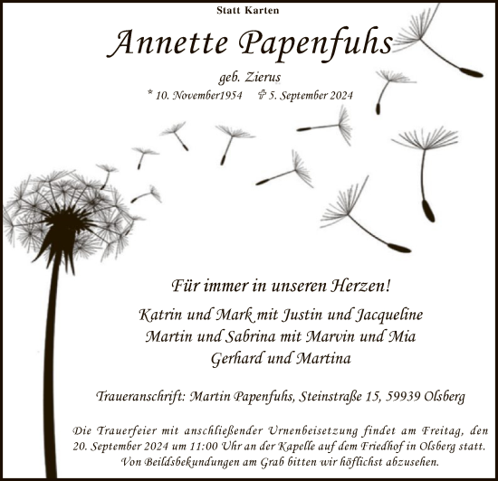 Todesanzeige von Annette Papenfuhs von WA