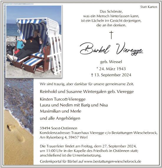 Todesanzeige von Bärbel Vieregge von WA
