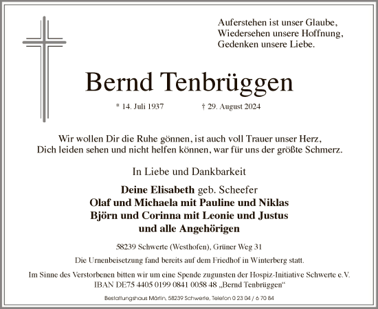 Todesanzeige von Bernd Tenbrüggen von WA