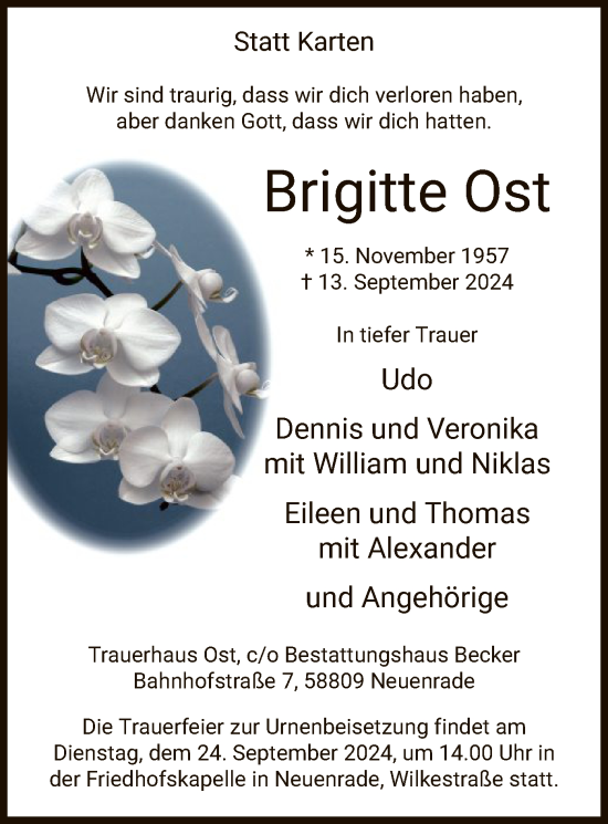 Todesanzeige von Brigitte Ost von WA