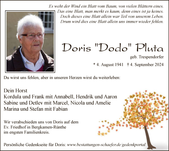 Todesanzeige von Doris Pluta von WA
